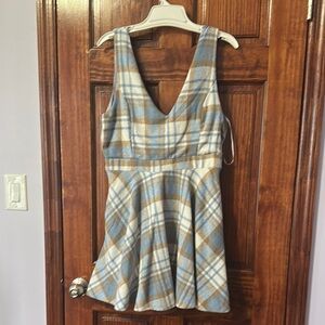 Blue and Tan Plaid Sleeveless Dress